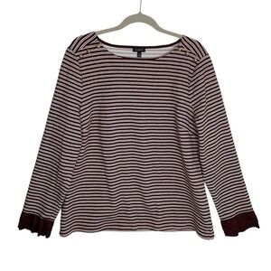 Talbots XL Burgundy Stripe Boatneck Top Gold Button Shoulder Classic Preppy